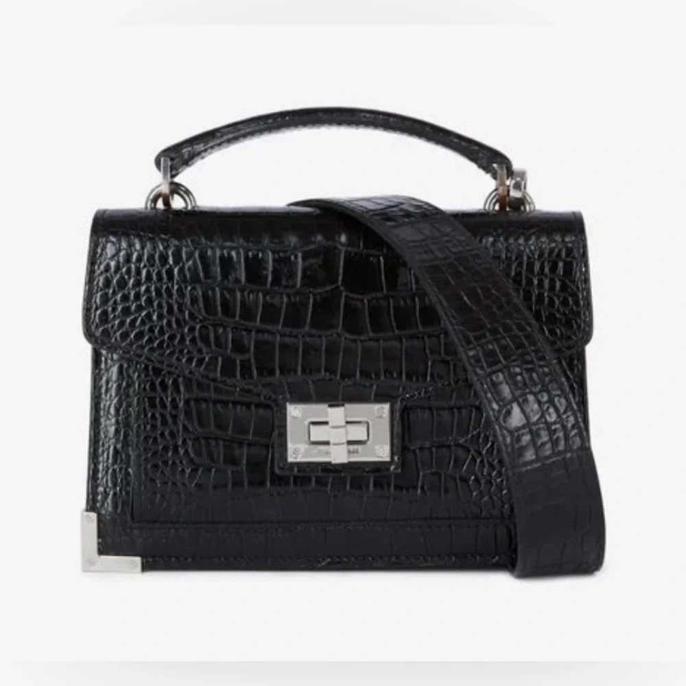 The Kooples Black Crocodile-Embossed Satchel